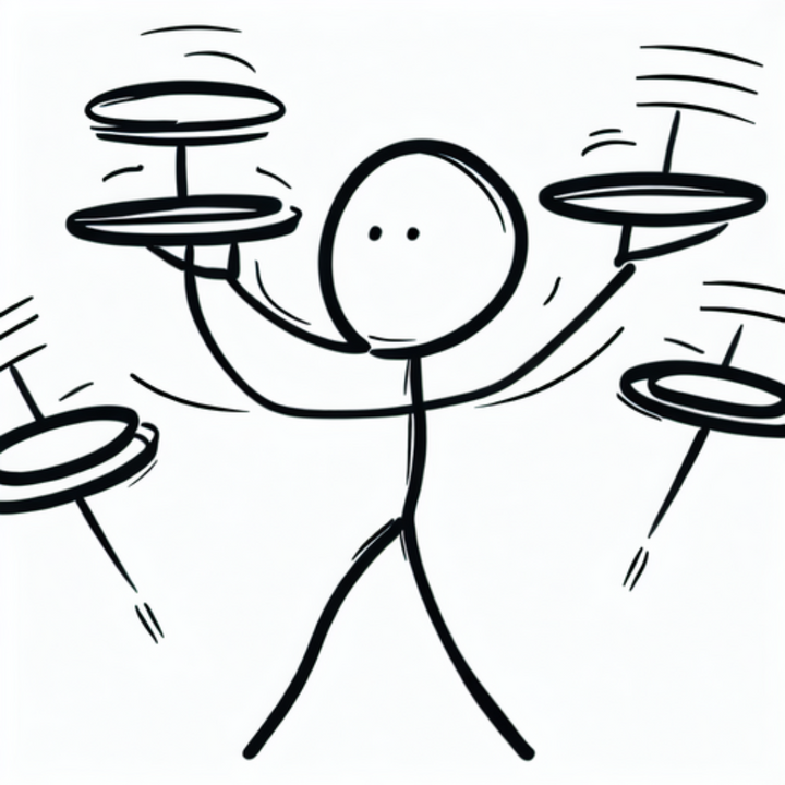 a stick man spinning multiple plates and looking unhappy
