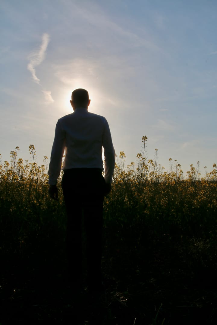 silhouette of a man facing into a field of flowers, wearing a shirt and trousers